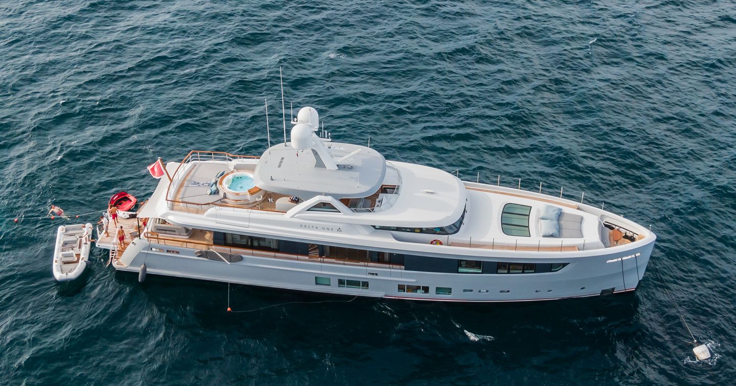 Superyacht Delta One at anchor with tenders afloat 