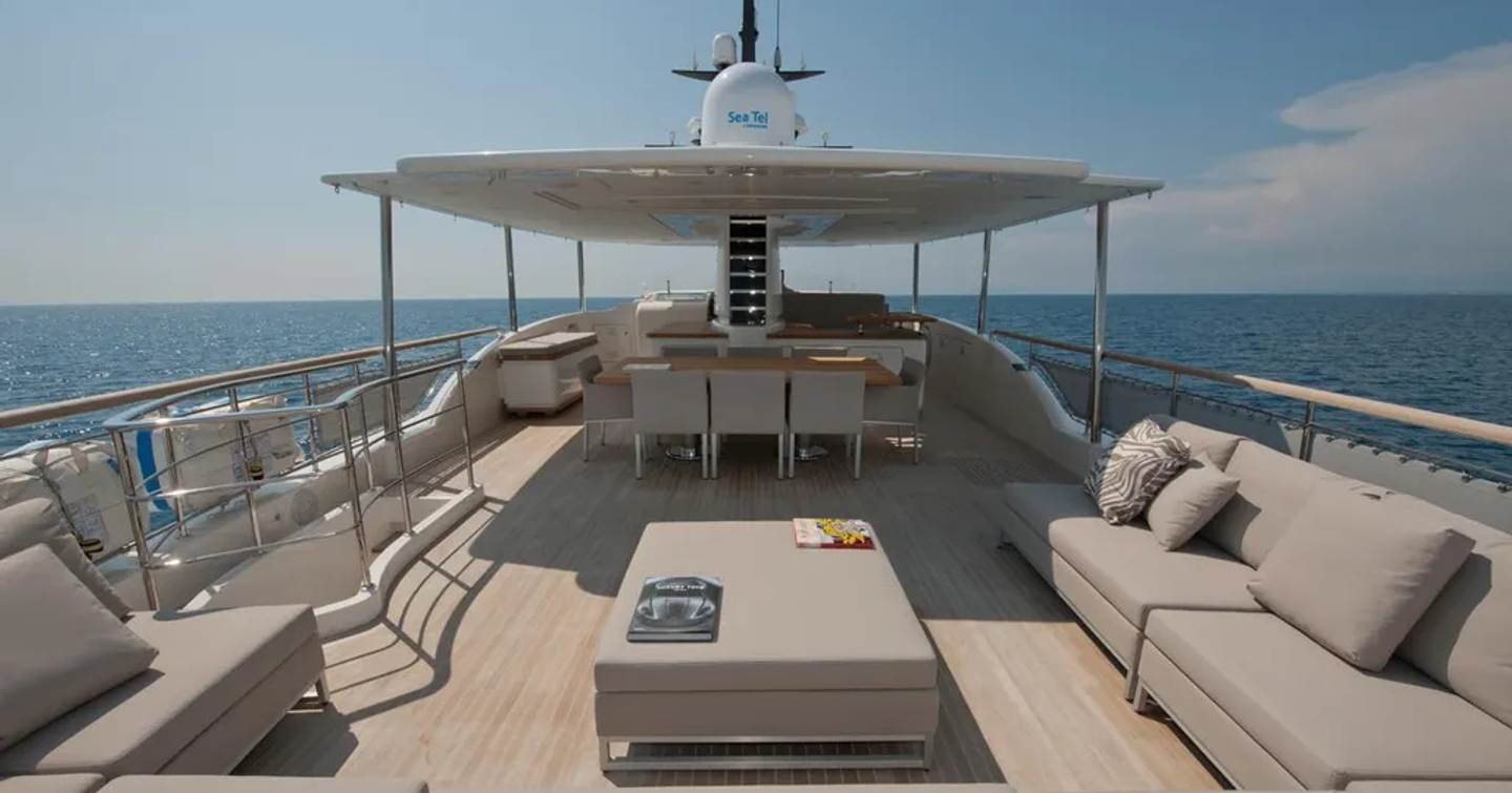 Motor yacht Fontana flybridge with sunpads and shaded seating