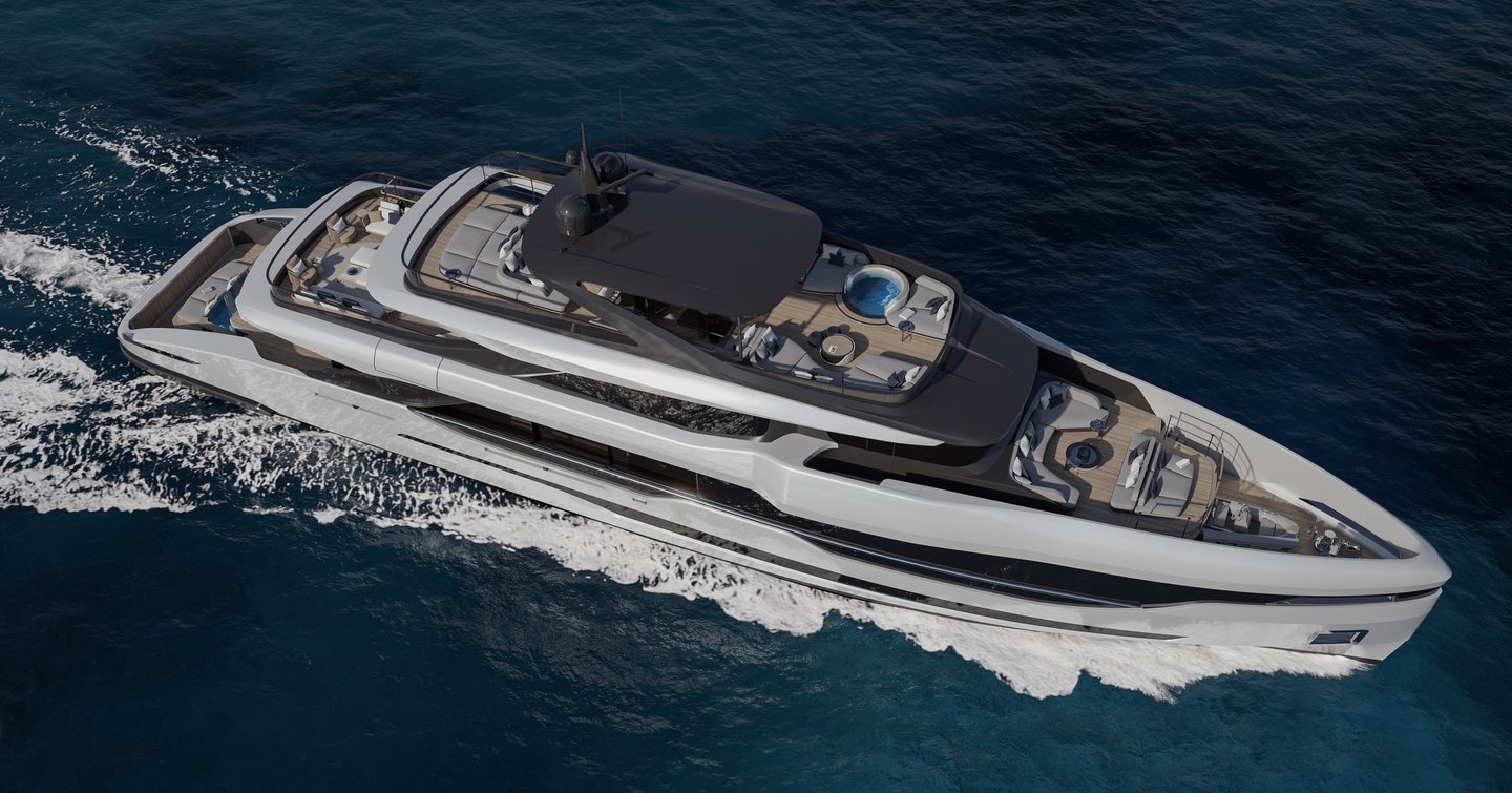 Aerial rendering of ISA Unica 45M Superyacht under way 