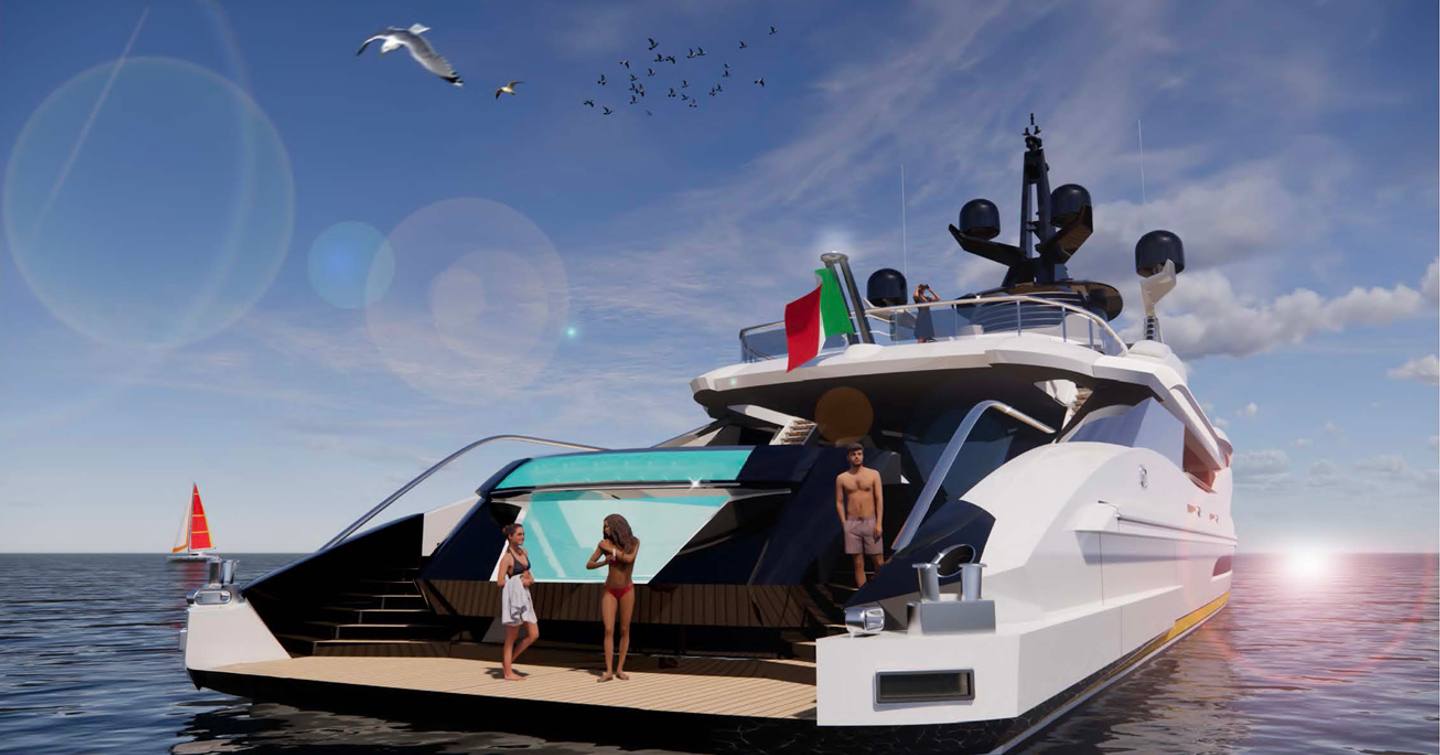 Rendering of superyacht Maddam C stern with infinity pool and guests 