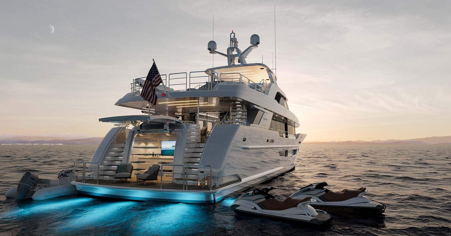 Rendering of Westport 117's aft at dusk with tenders and underwater lights