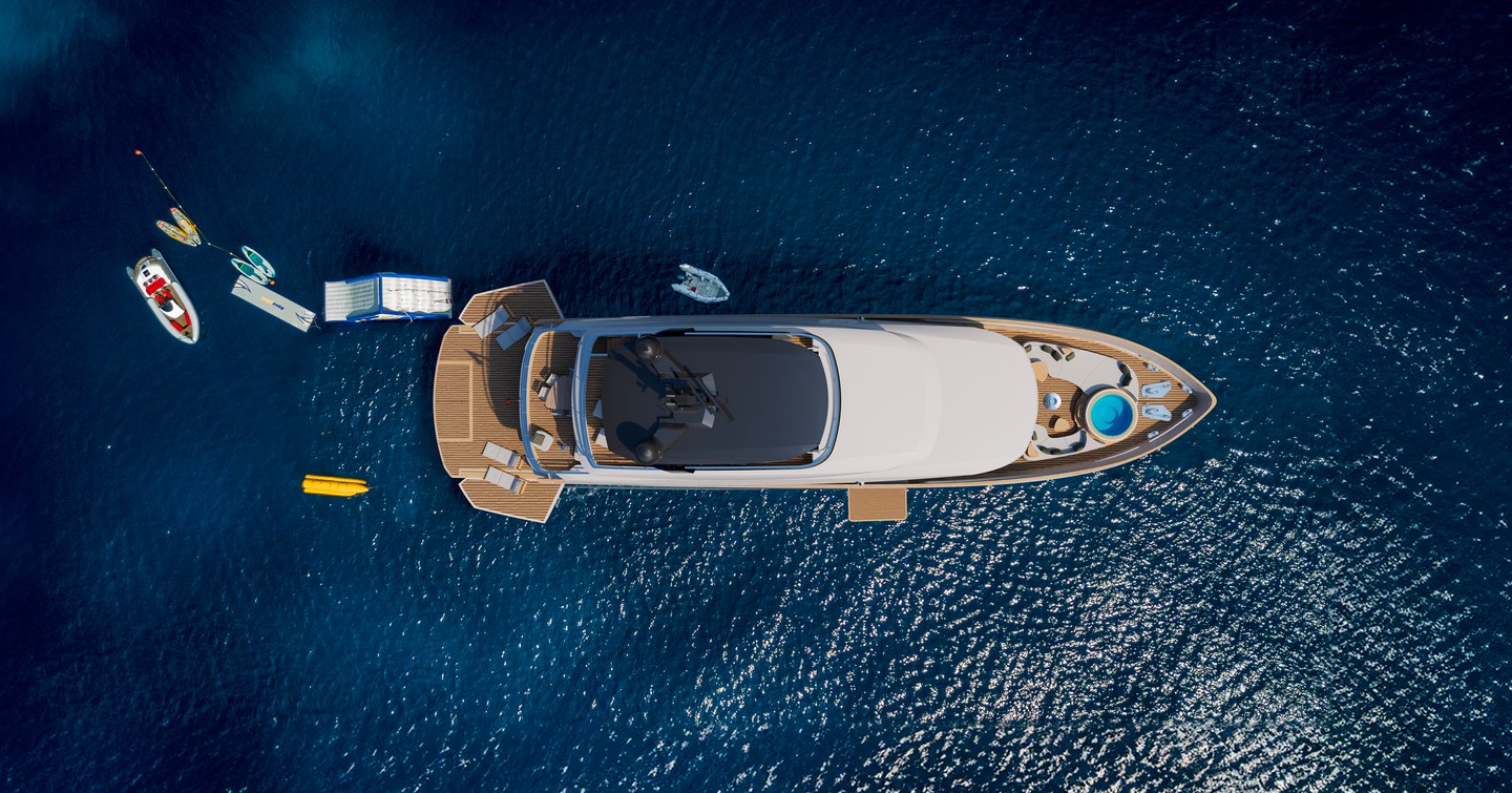 Aerial rendering of Sirena 118 Superyacht with tenders
