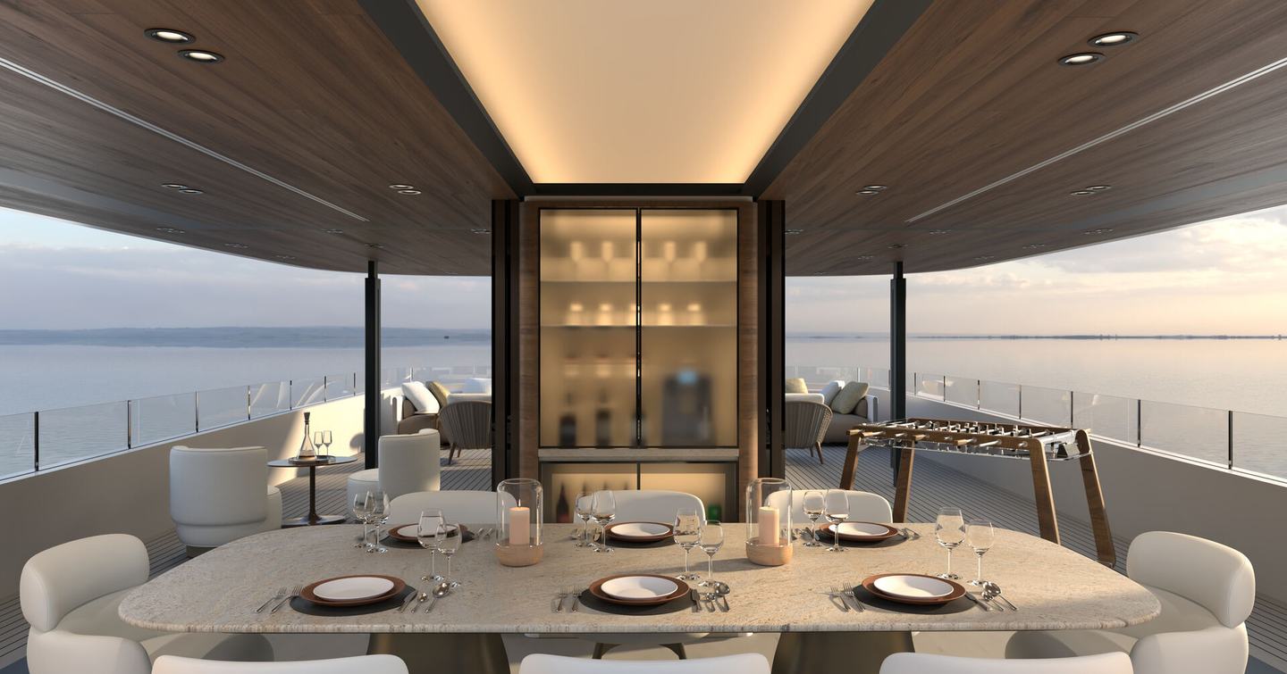 Rendering of Hydro Tec Vagrant explorer yacht main deck alfresco dining area with funnel concept