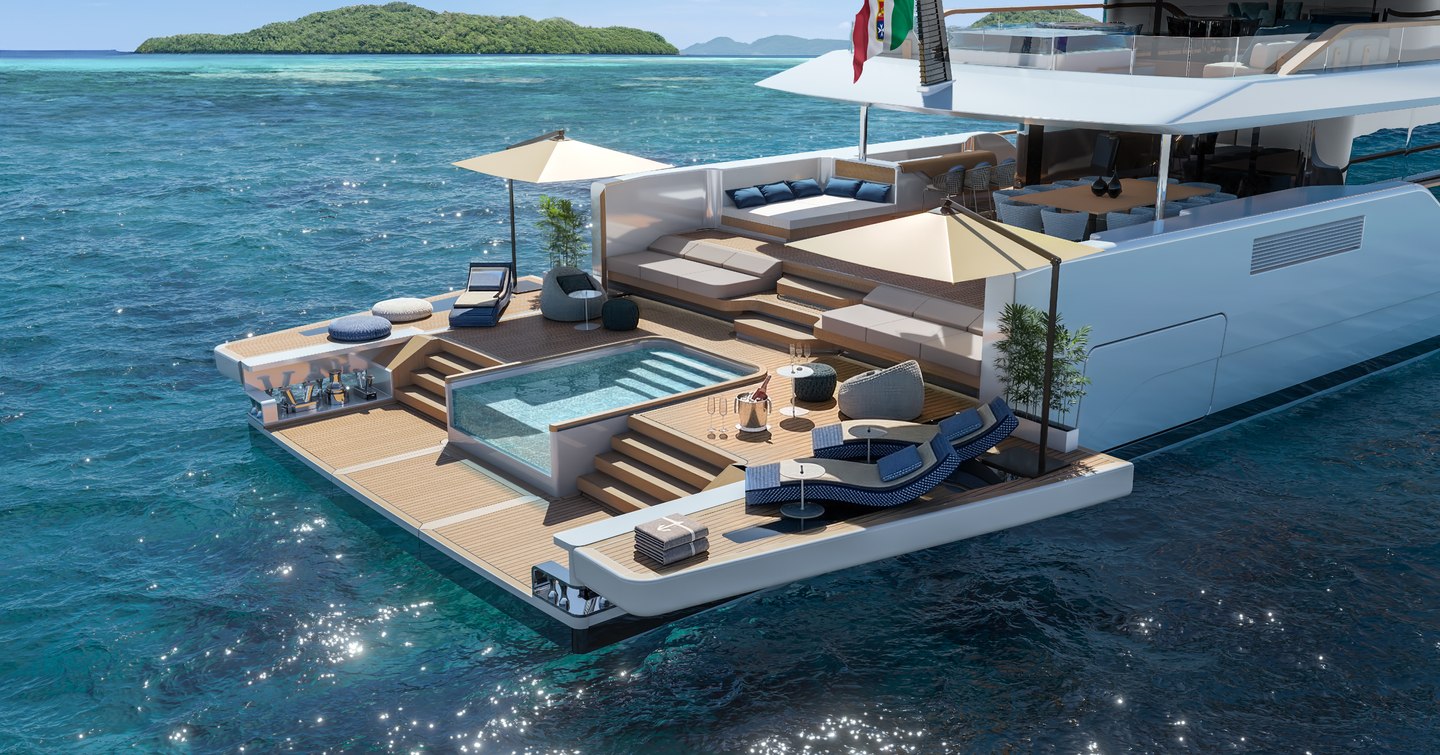 Rendering of ISA Yachts Timeless 52M superyacht beach club with shaded seating and glass fronted infinity pool