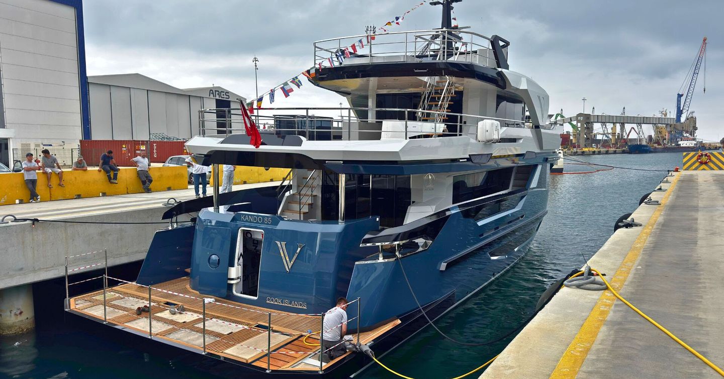 AvA Yachts Kando85 Explorer Yacht V at anchor at launch
