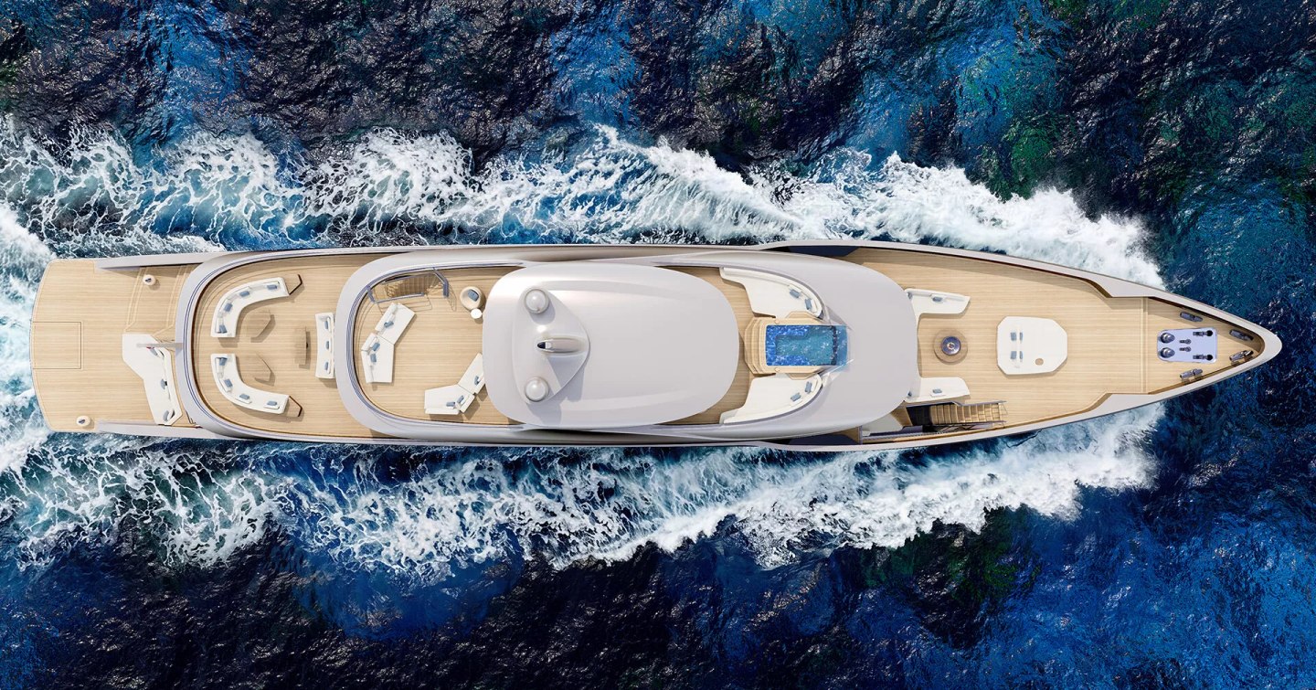 Aerial Rendering of LIVIA Core superyacht under way 