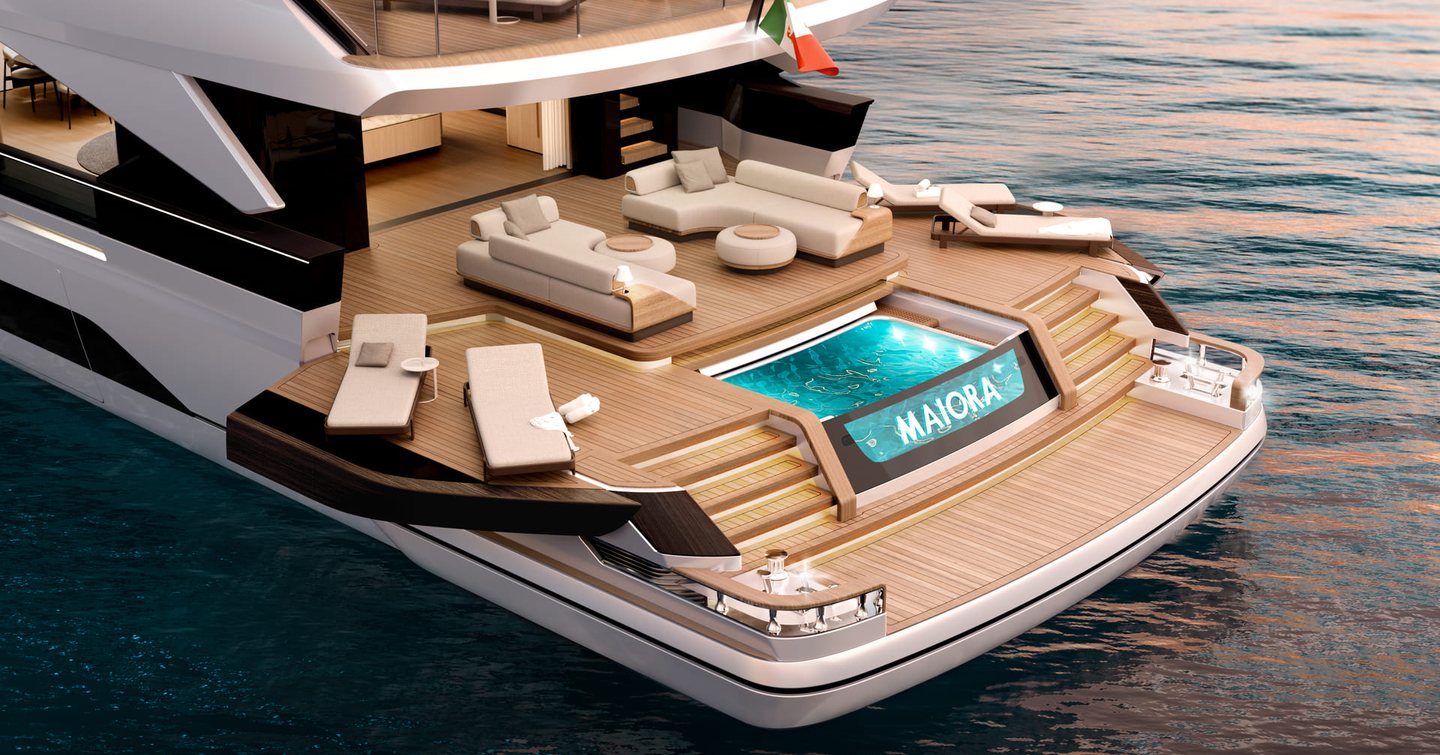 Rendering of Maiora M|38 superyacht stern with folding bulwarks and infinity pool