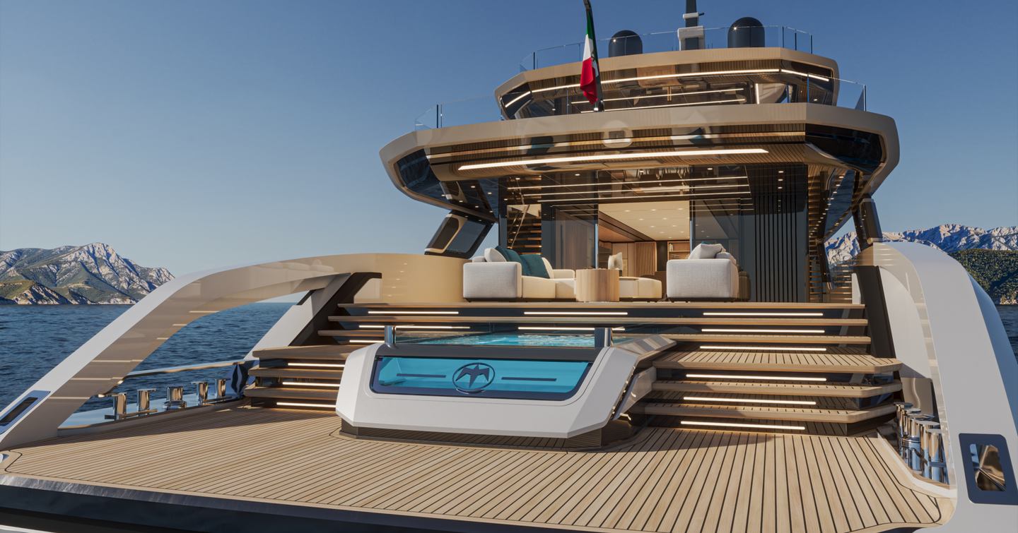 Rendering of Baglietto DOM155 Superyacht stern with infinity pool 