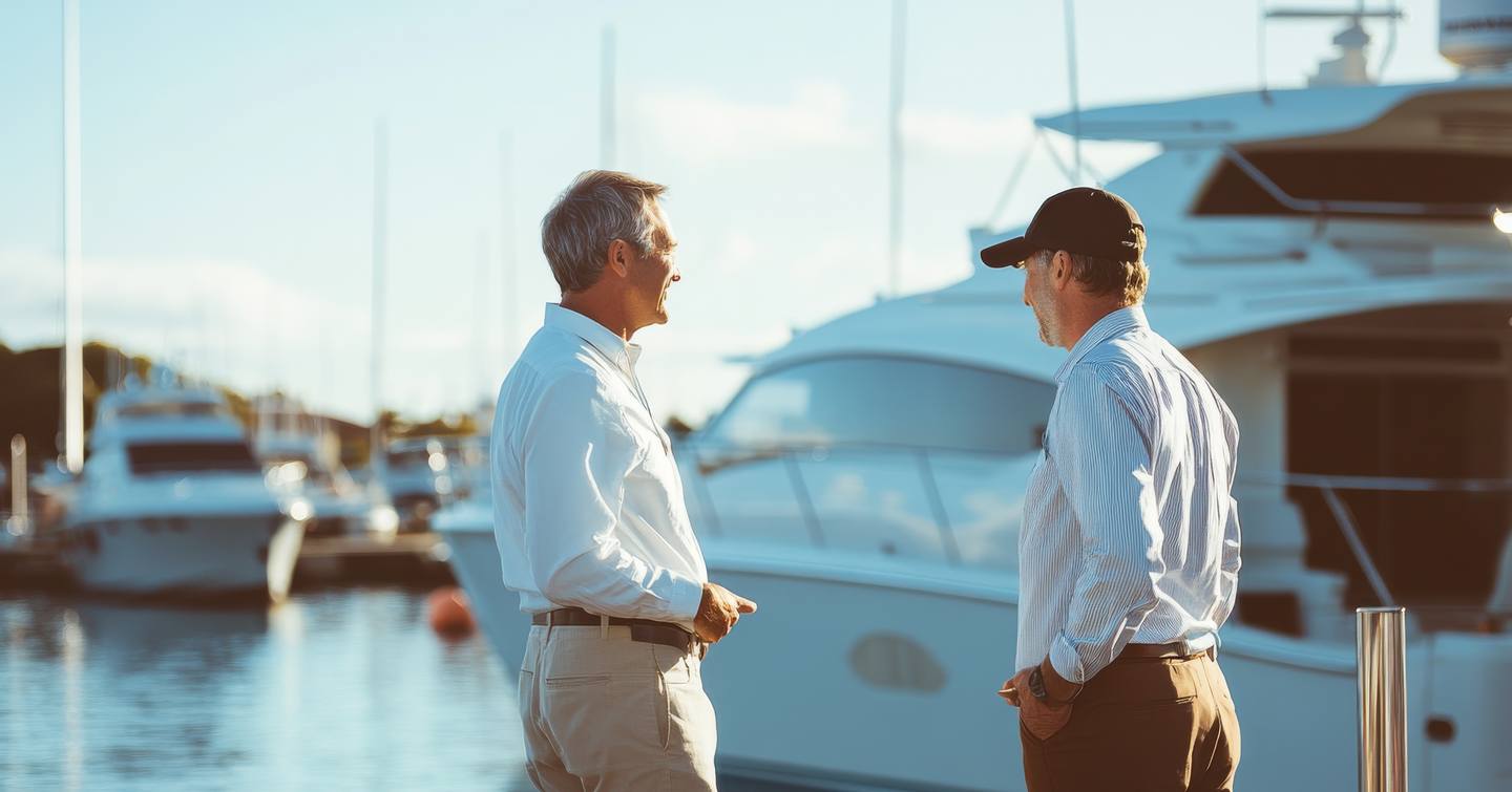 Two men engage in a detailed conversation while standing by the marina, surrounded by yachts and boats in clear weather