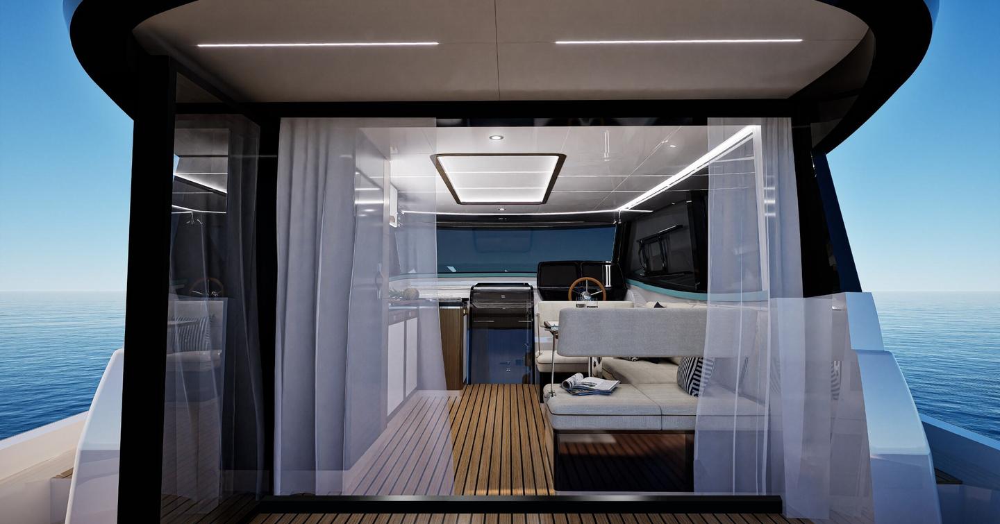 Rendering of Apreamare Gozzo 48 Cabin boat saloon with sliding glass doors