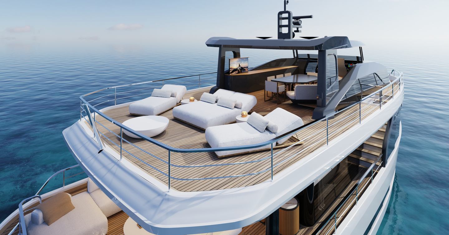 Rendering of Arcadia A80 superyacht upper deck with sunpads and hardtop