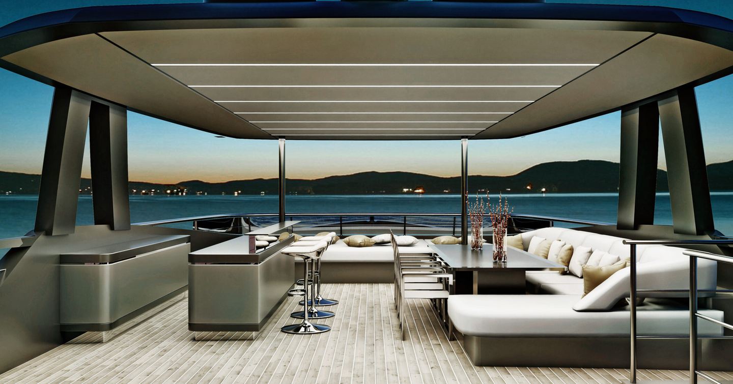 The Atlante 35 Classic flybridge features a bar and comfortable seating