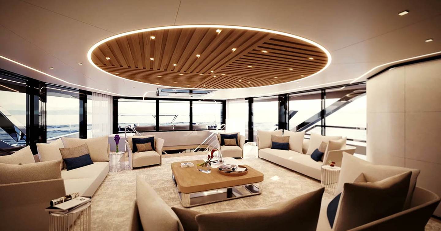 Rendering of the Baglietto T60 superyacht main saloon with circular lighting fixture