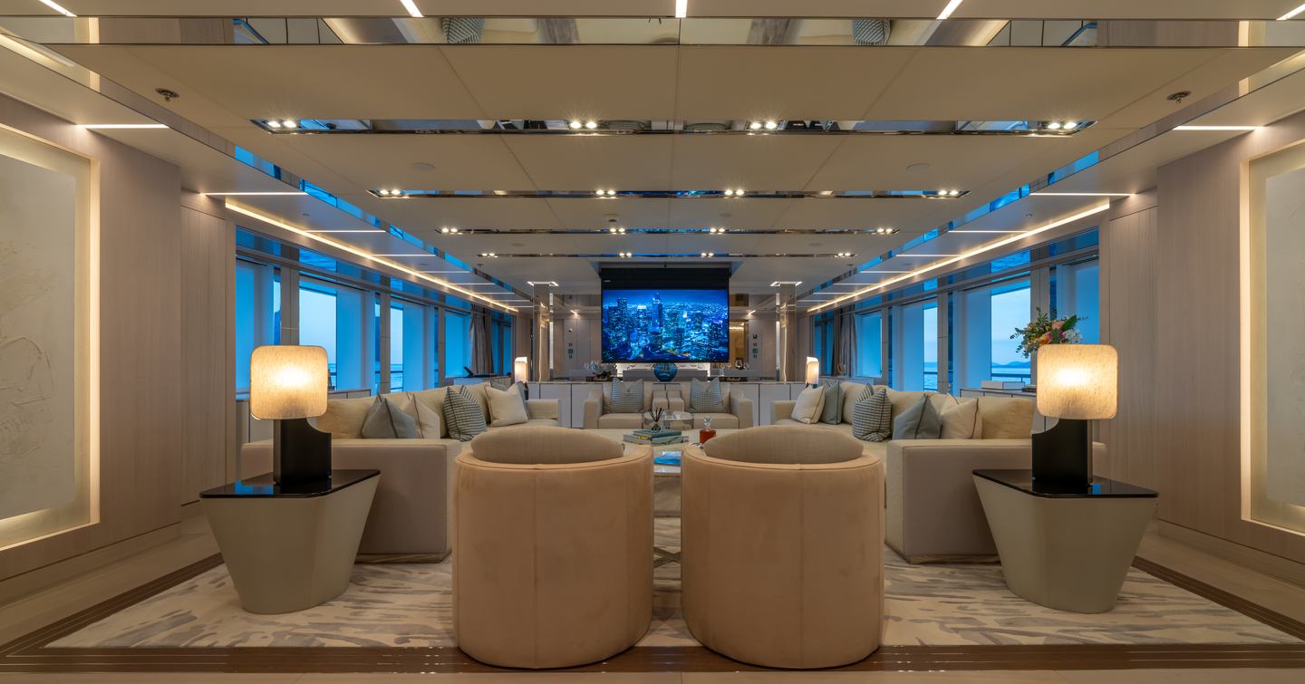 Bilgin 263 Superyacht Al Reem main saloon with mirror features and beige, neutral palette
