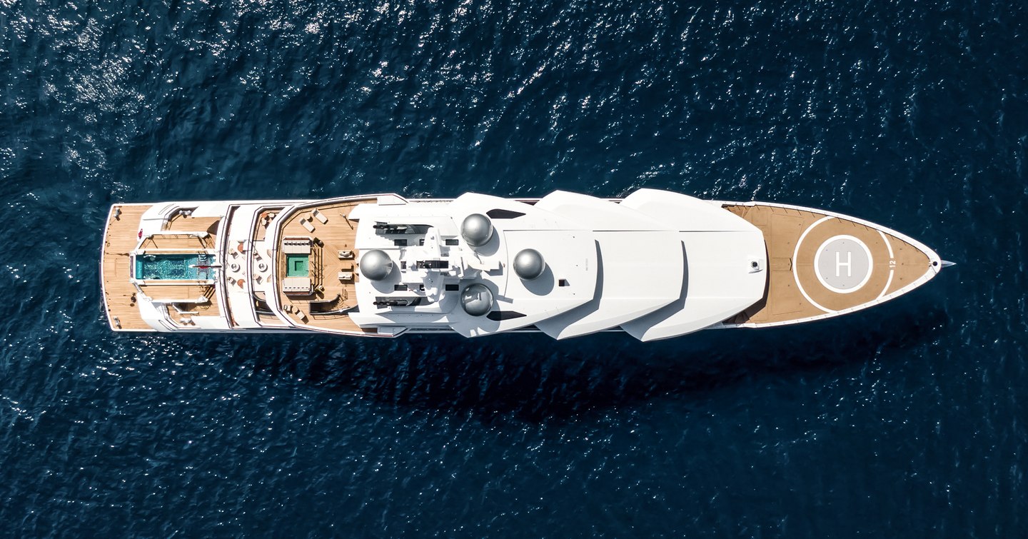 Aerial view of Superyacht Amadea at anchor 