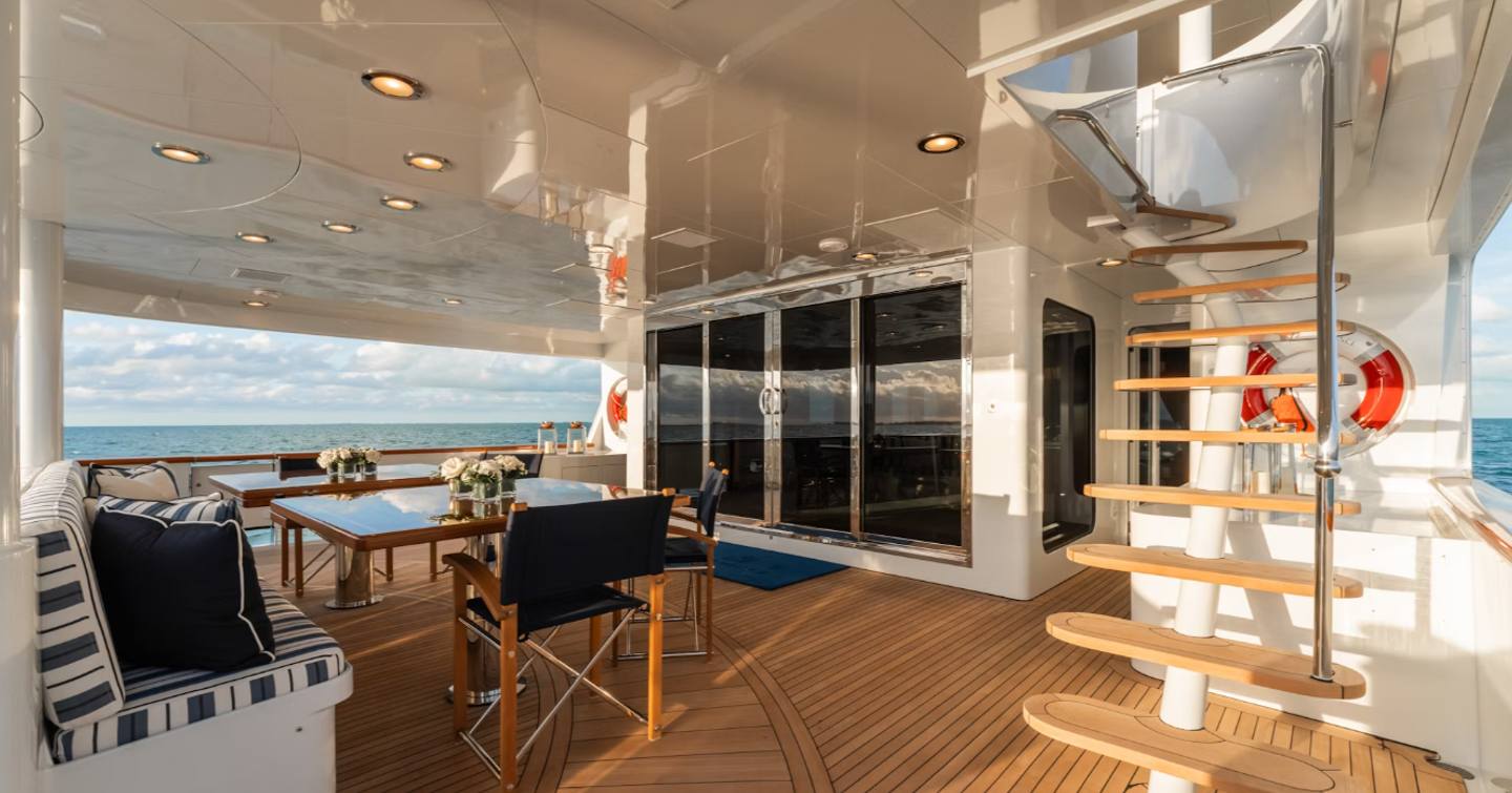 Superyacht Summer Dance bridge aft deck with shaded seating 