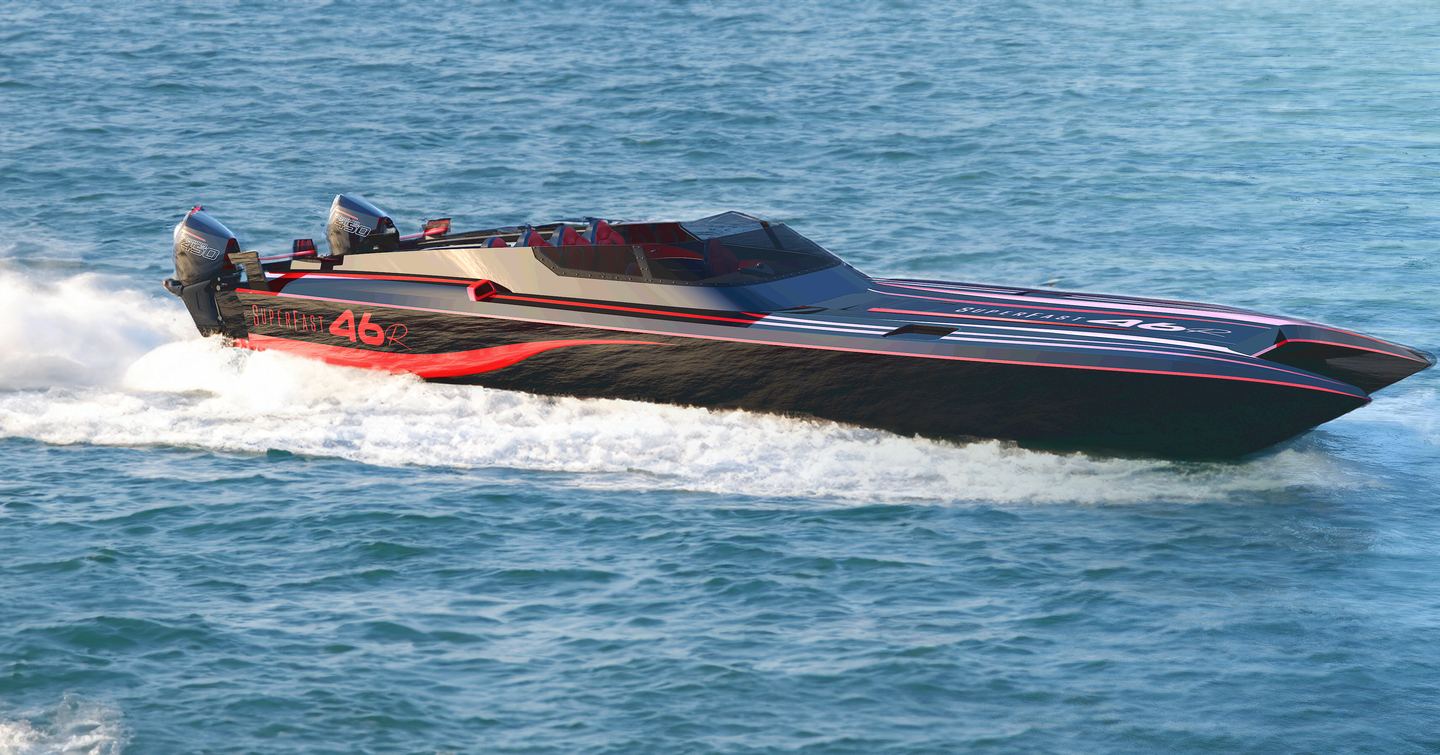 Rendering of VisionF Superfast 46 boat under way 