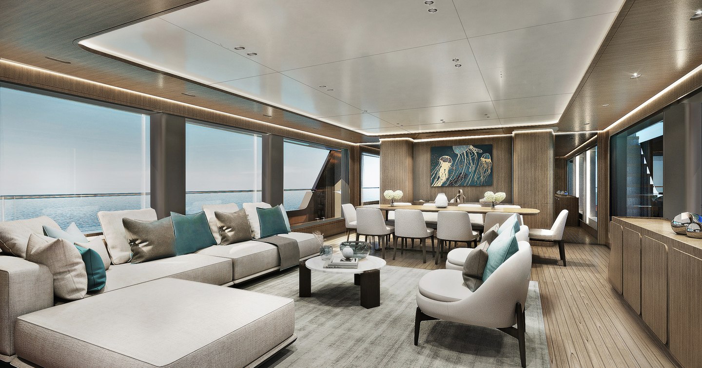 Rendering of Atlante Classic 36 motor yacht main saloon with L-shaped seating and dining area 