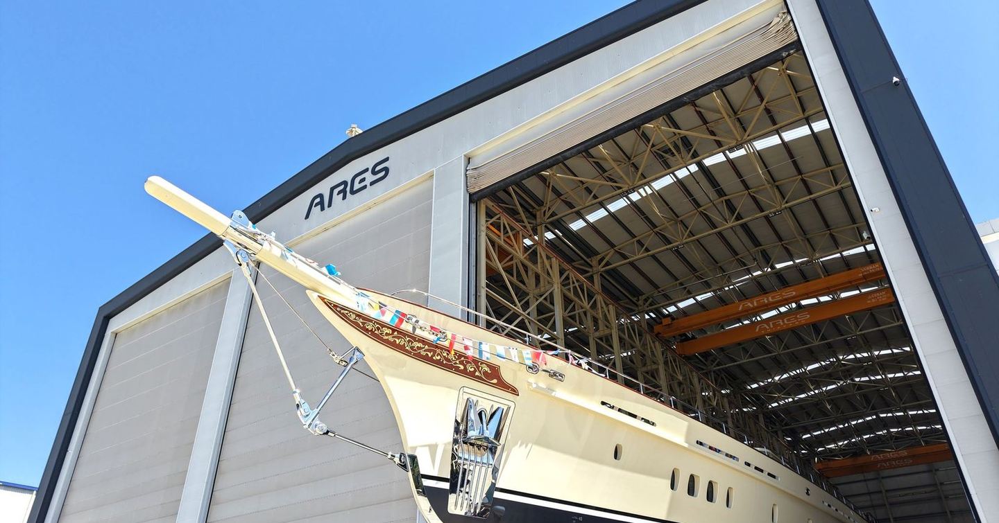 Sailing Yacht Simena bow coming out of shipyard at launch
