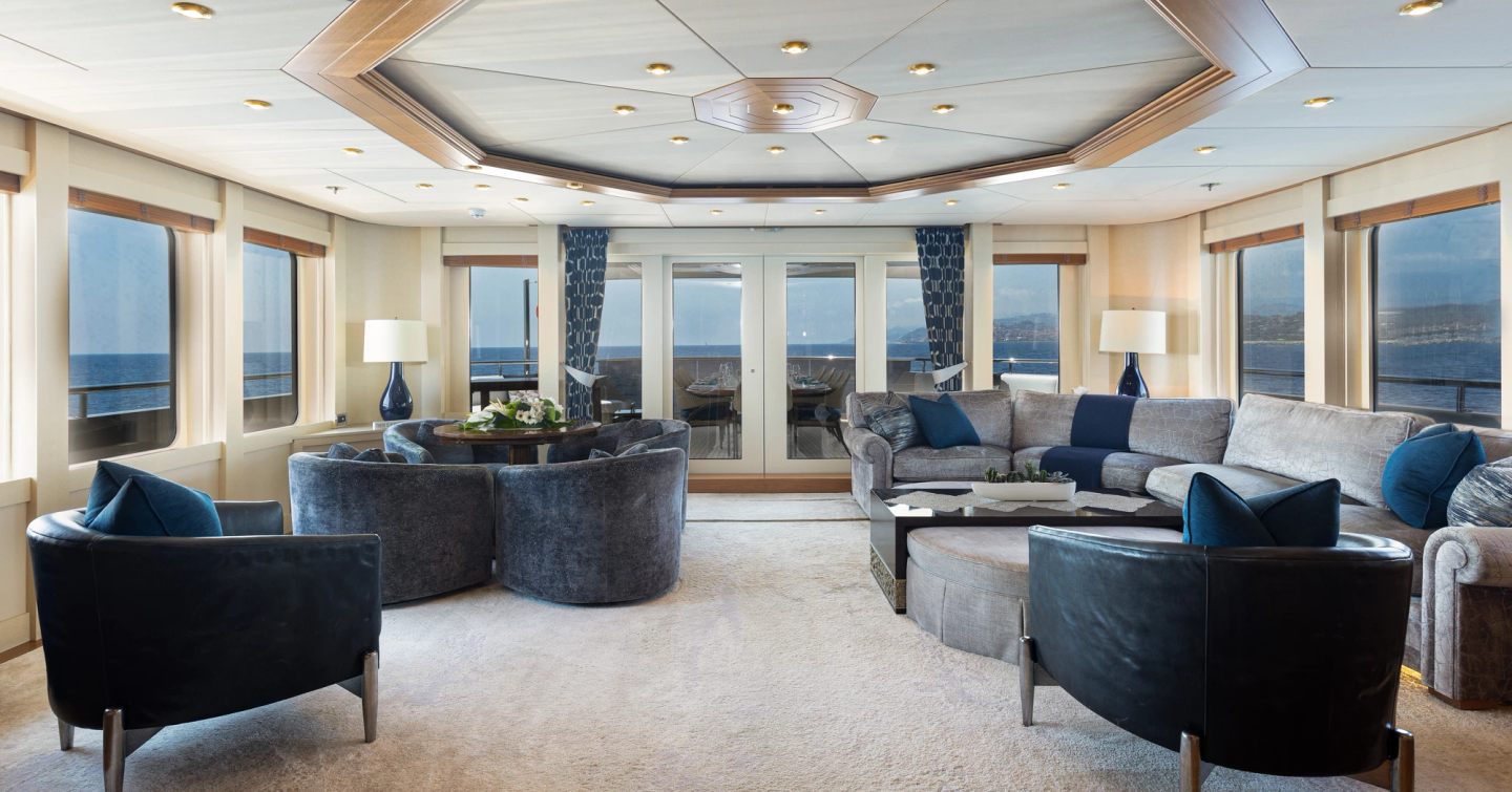 Superyacht Vibrance skylounge with grey soft seating