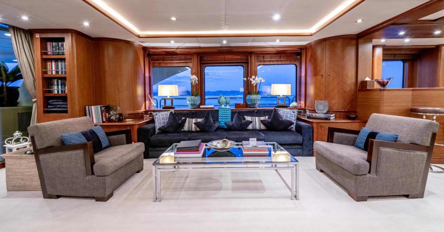 Superyacht Sea Blue'Z  main saloon seting area with glass coffee table