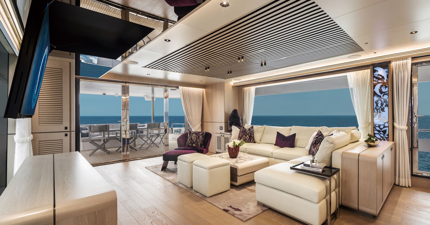 AMETHYST's main salon benefits from expansive windows for panoramic views when relaxing or dining