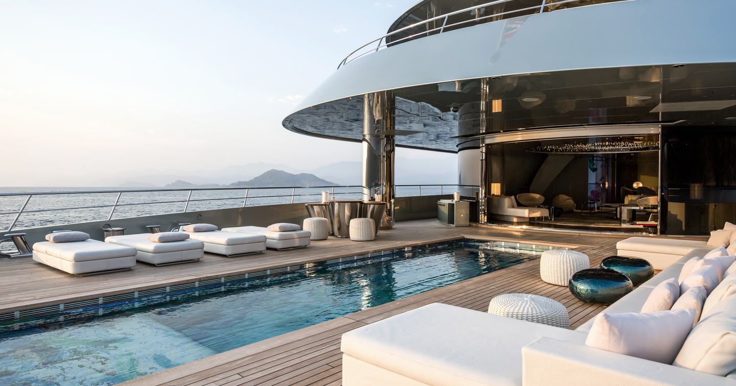 Superyacht Savannah aft deck swimming pool and sun loungers