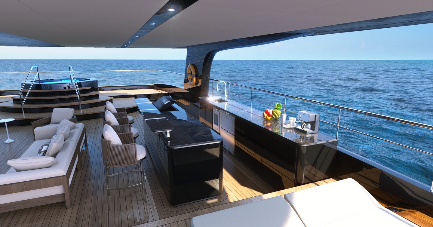 Rendering of VisionF 101 catamaran shaded bar area