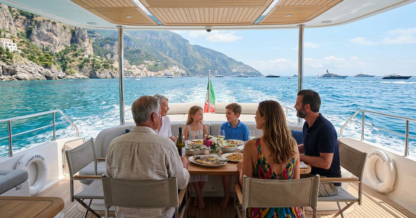 Family dining on the aft deck of a yacht while underway 