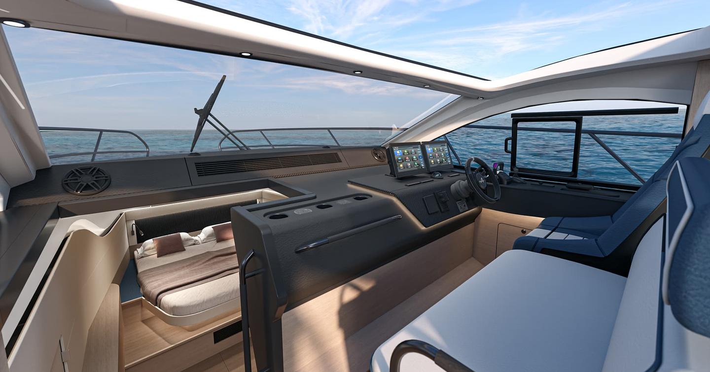 Rendering of new Beneteau Gran Turismo 40 motor yacht interior helm station