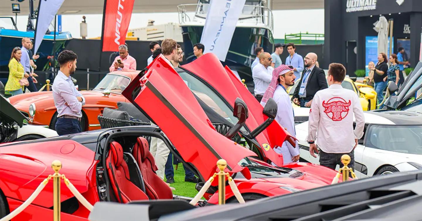 A display of supercars at the Dubai International Boat Show