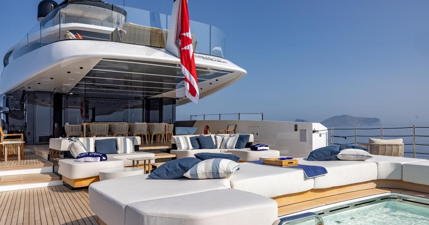 Superyacht Acqua Chiara aft deck with sunpads and swimming pool