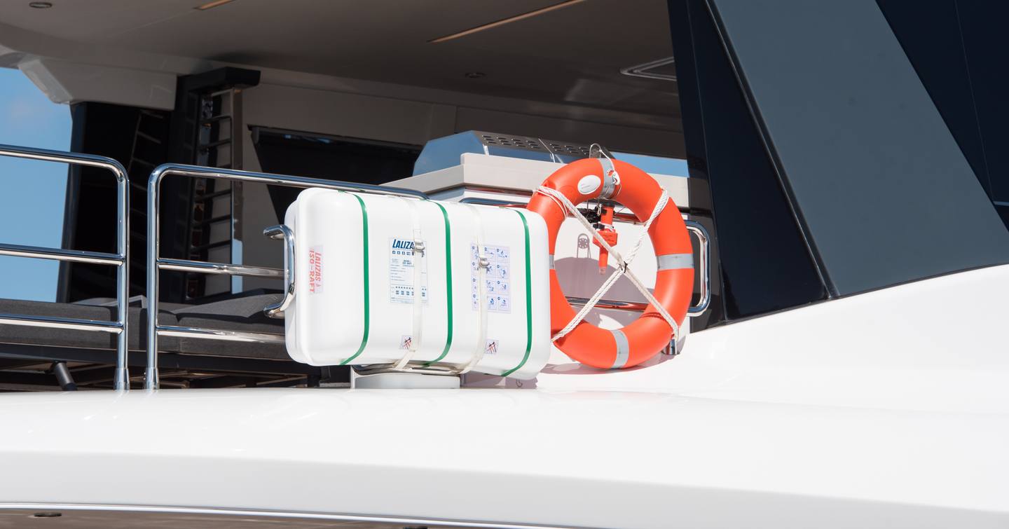 Marine Safety Gear on Superyacht. Liferaft and Lifebuoy ring