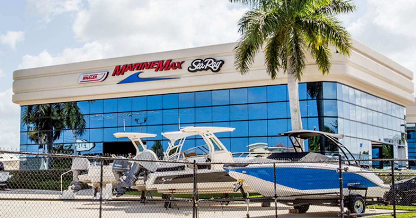 Small boats for sale outside MarineMax store