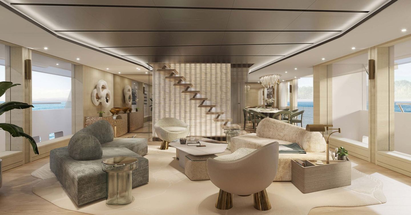 Rendering of Tankoa Superyacht Spirit main saloon with beige palette and curved furniture 