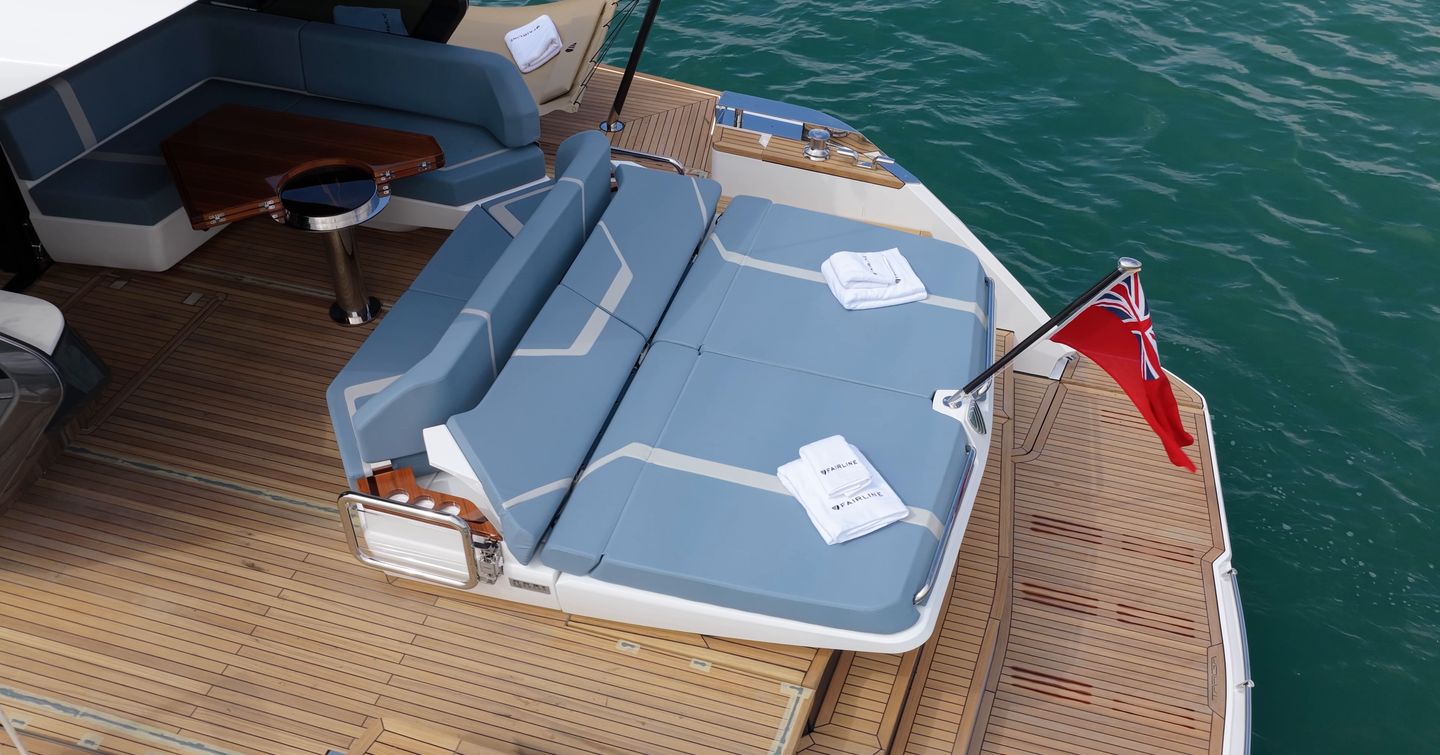Fairline Targa 58 GTO aft cockpit sunpad above the tender garage