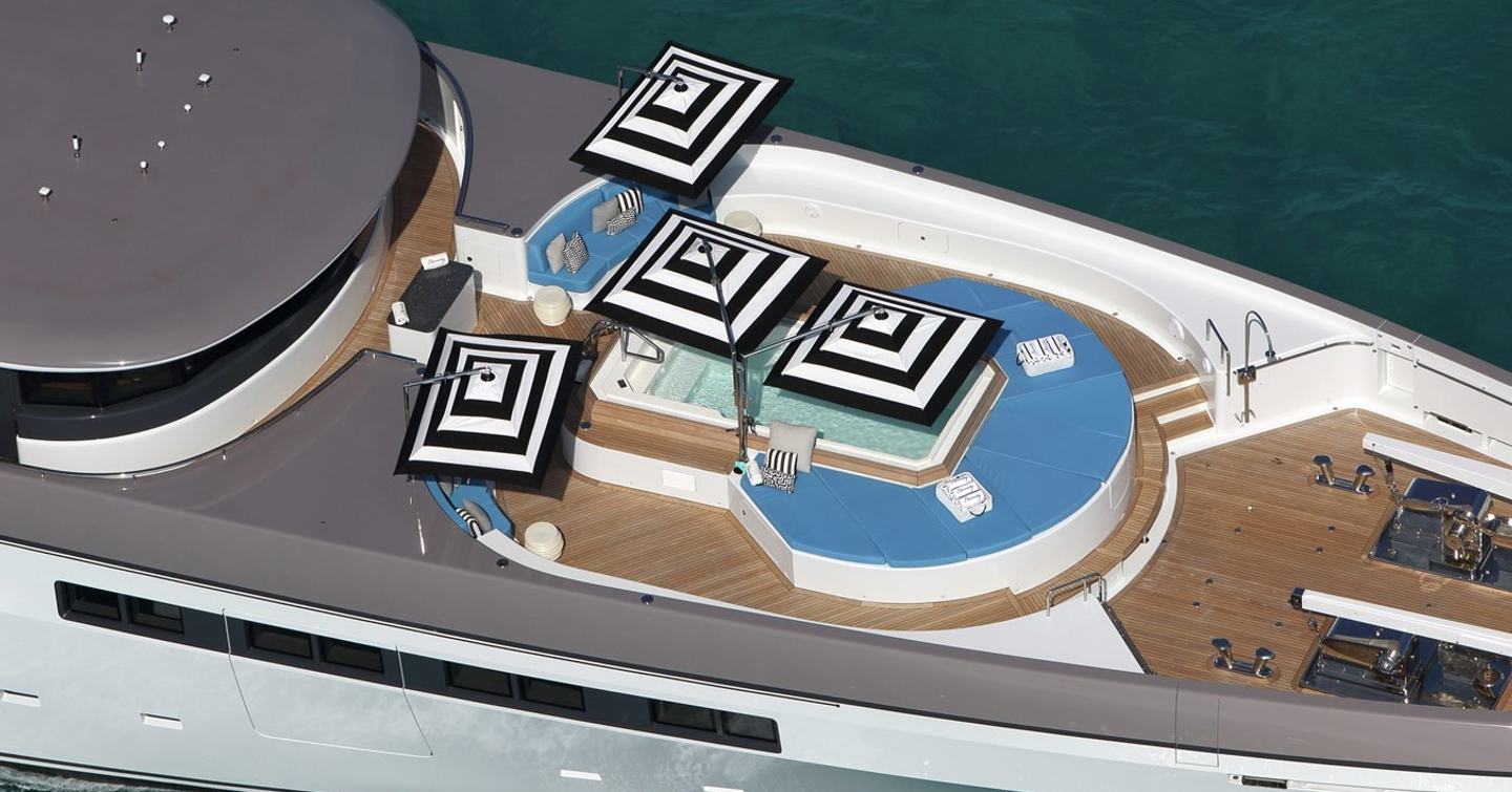 Superyacht Eternity's main deck swimming pool with sun shades 