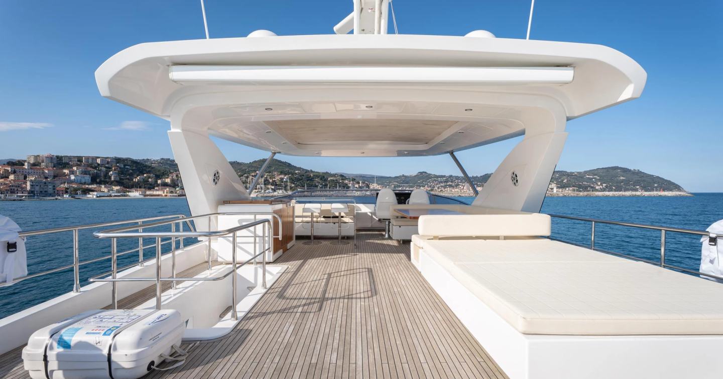 Motor Yacht Trinidad sundeck with sunpads and hardtop