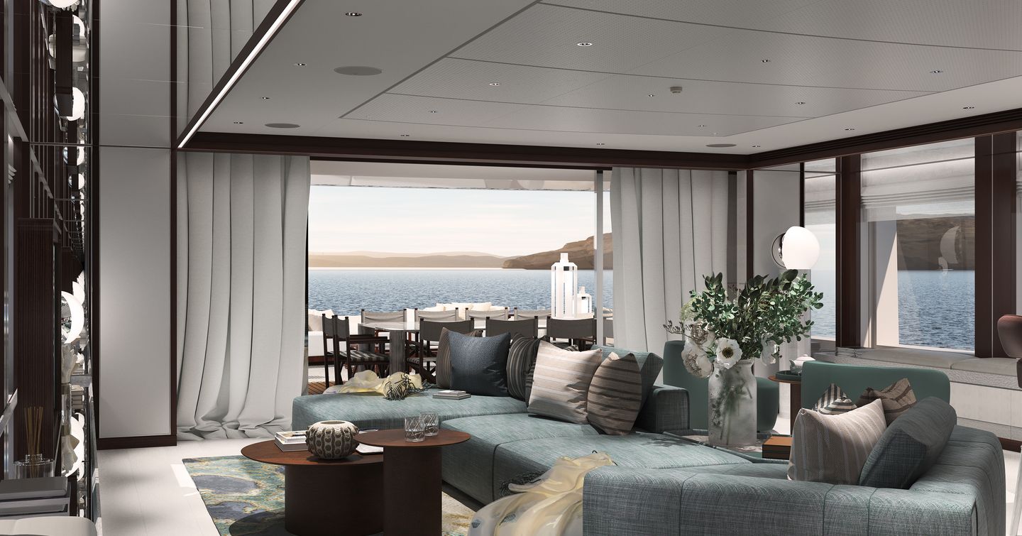 Rendering of Superyacht Project Frida skylounge with blue sofa 