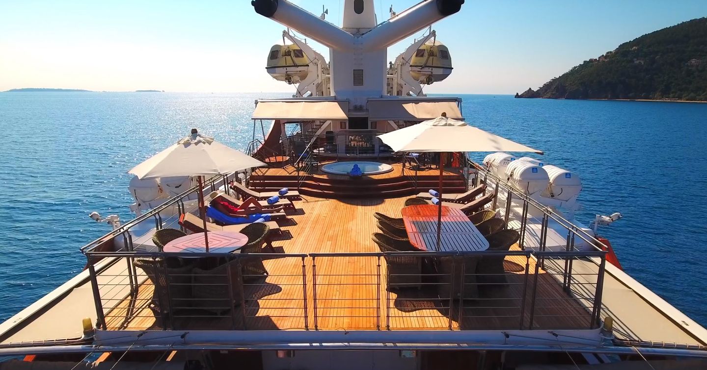Superyacht Christina O upper deck with shaded sun loungers 