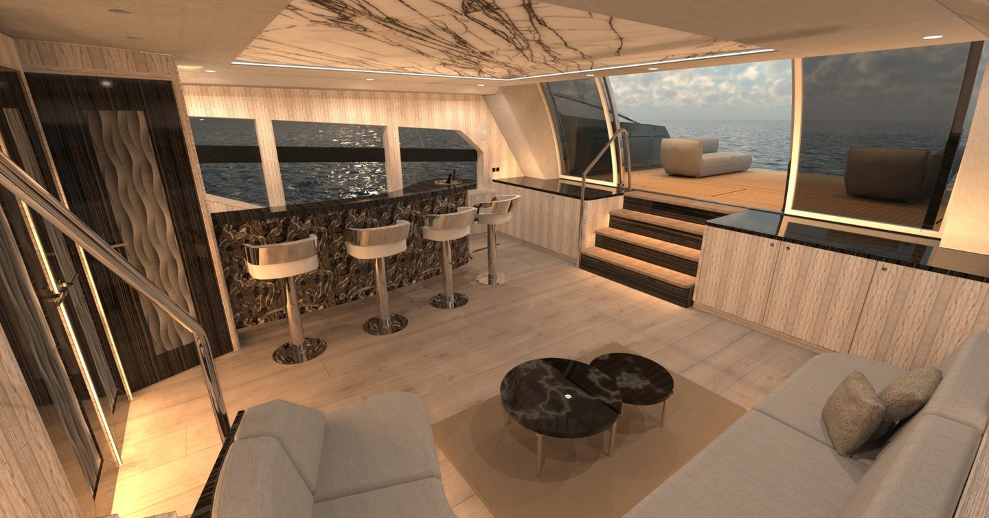 Rendering of St-Barth 85 Fly motor yacht main saloon with bar area and L-shaped sofa 