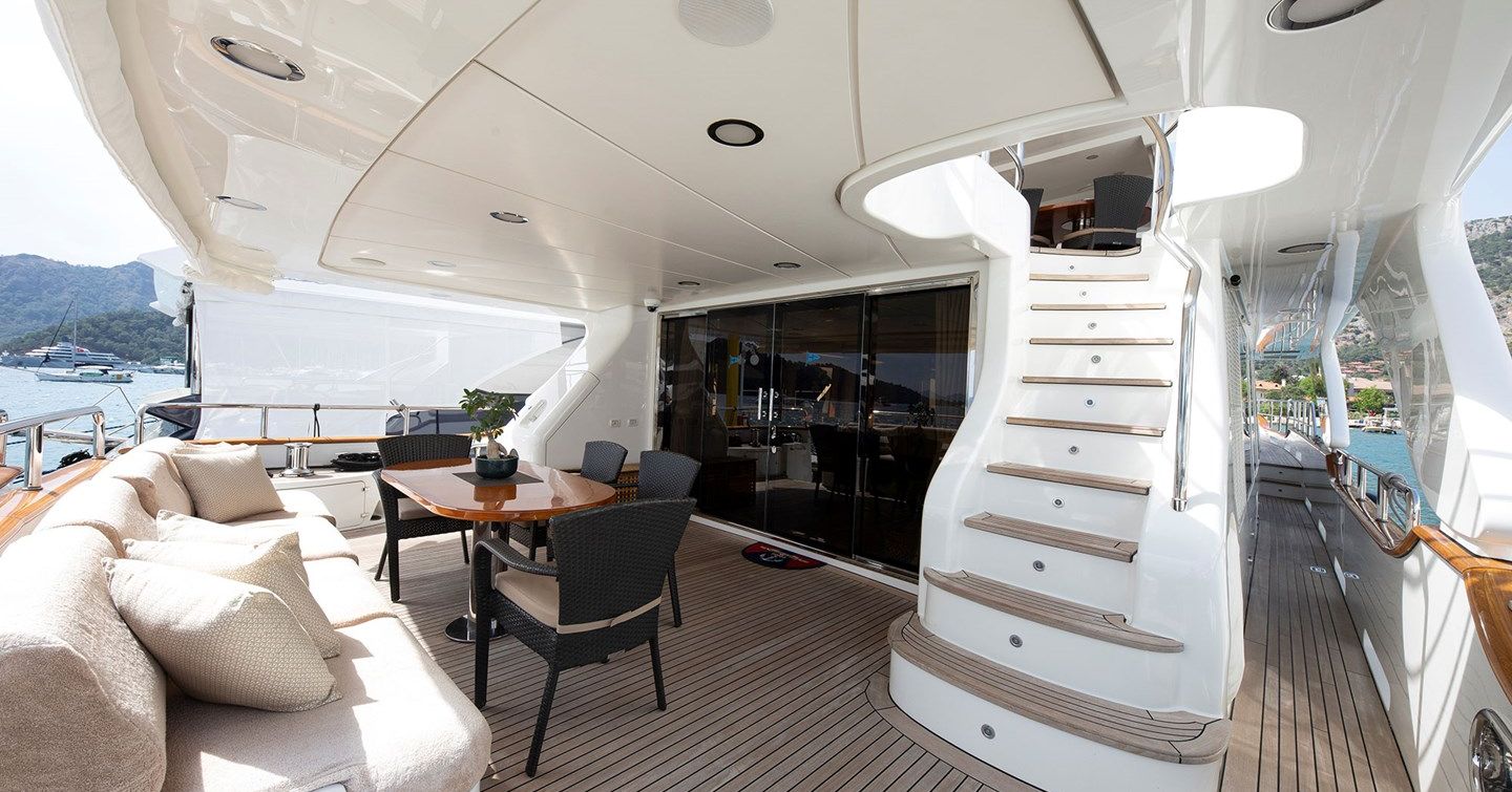 Motor yacht Sofia of Tortolia's aft deck with dining table and staircase