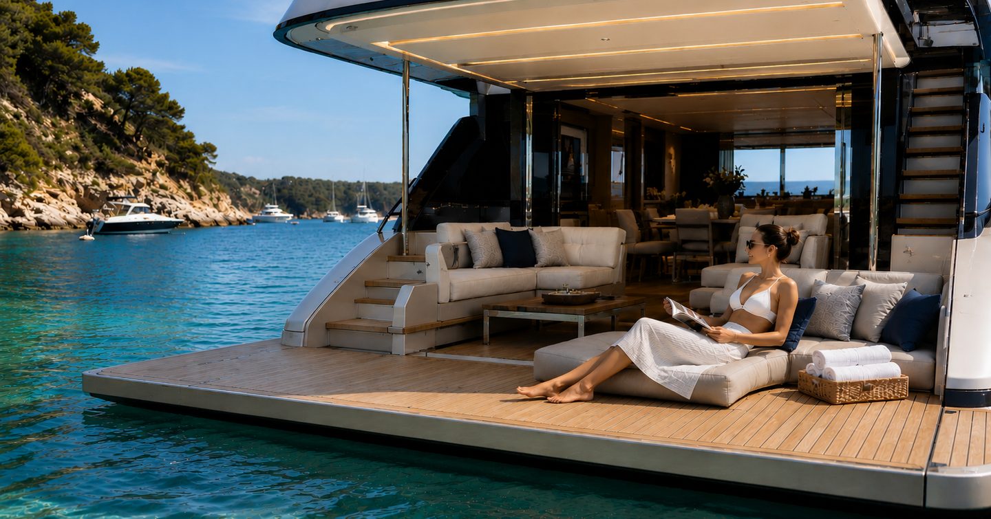 Woman relaxing on the beach club of a yacht under shade 
