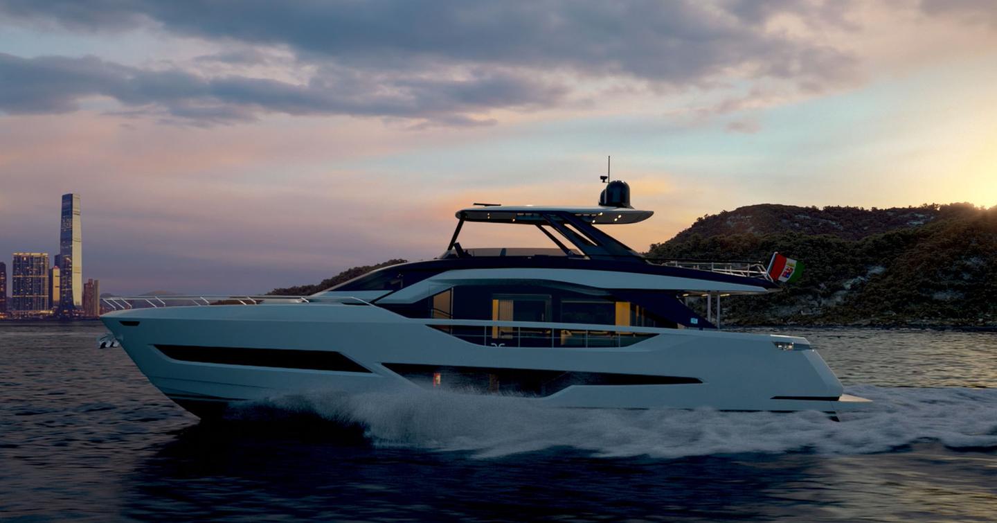 Motor yacht Ferretti 800 underway, with sunset in the background 