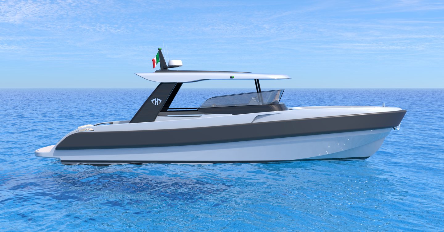 Rendering of TYKUN H1 dayboat at anchor 