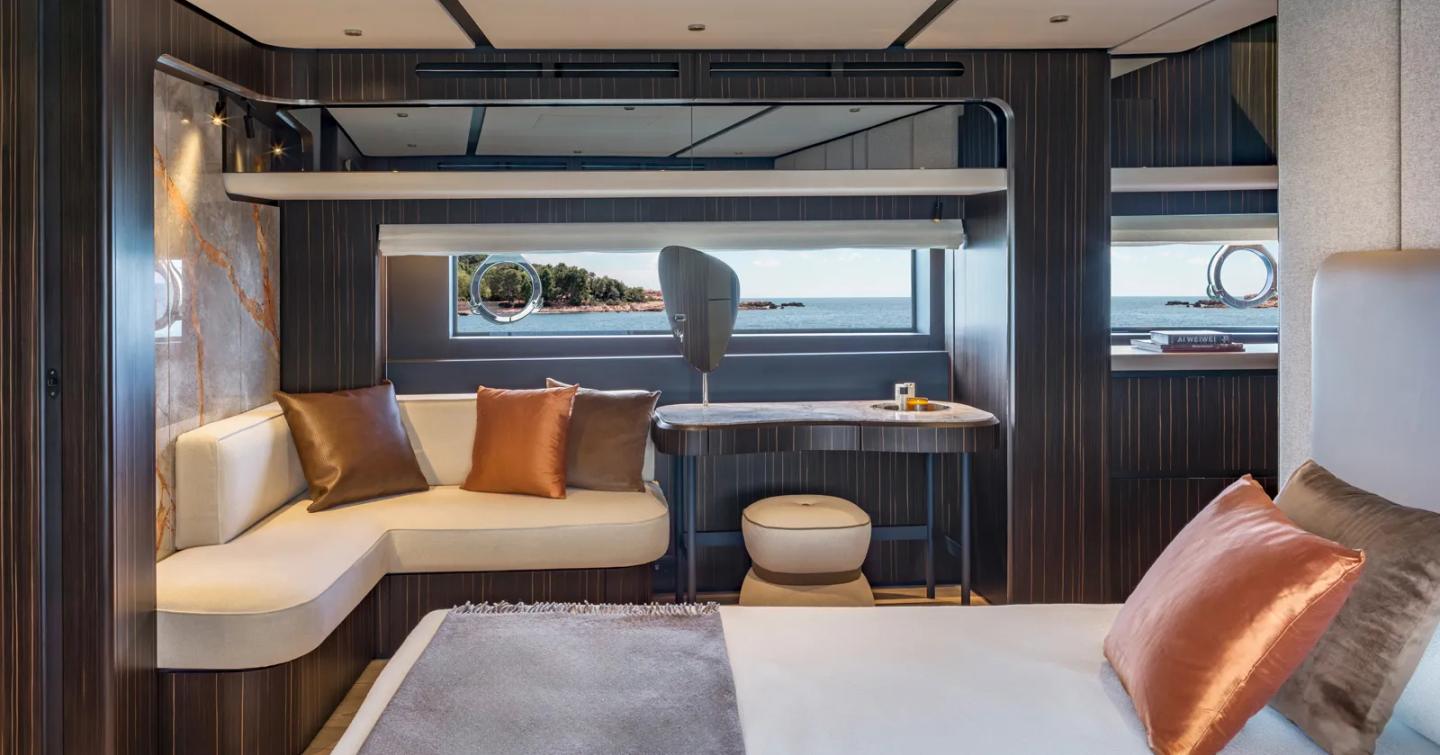 Ferretti 940 motor yacht master cabin L-shaped seating 