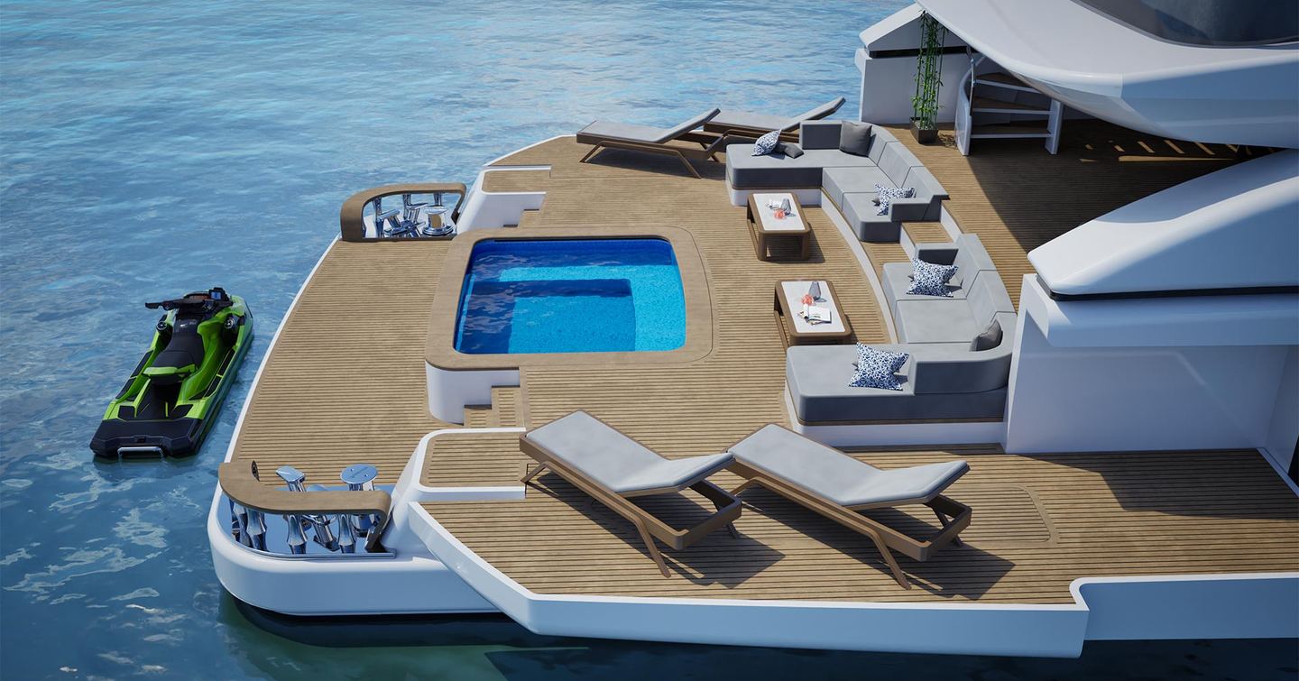 Rendering of Lazzara LMY 165 superyacht stern with dual L-shaped sunpads and infinity pool
