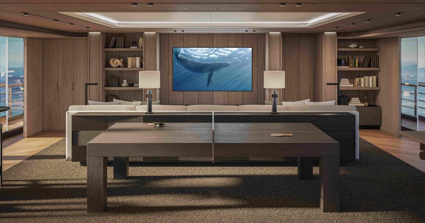Rendering of superyacht ONE interior with mounted TV