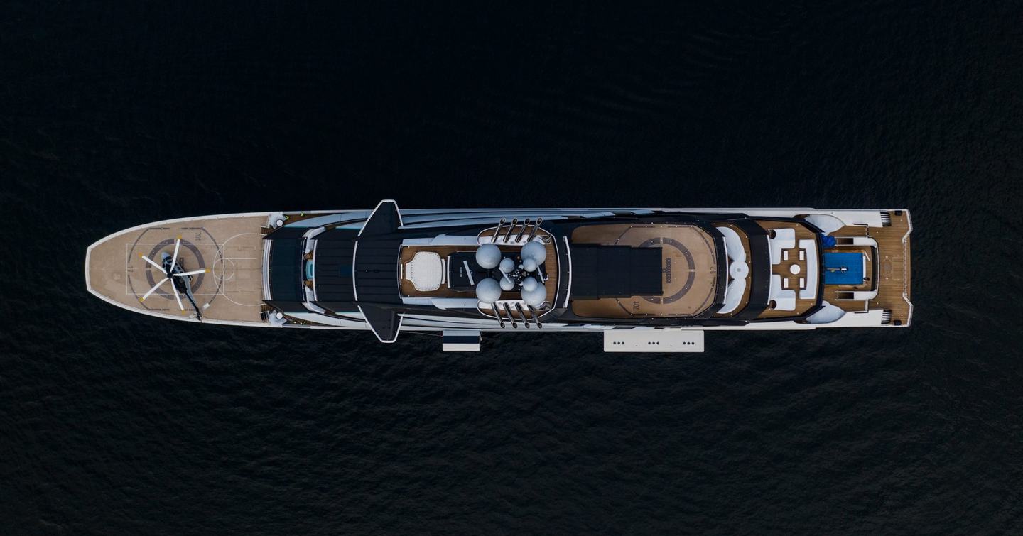 Aerial view of Superyacht Nord at anchor with black background