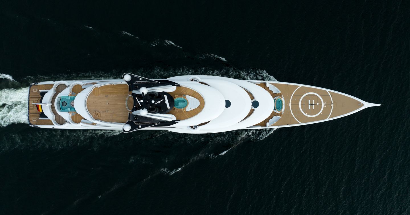 Aerial view of Superyacht Kismet under way